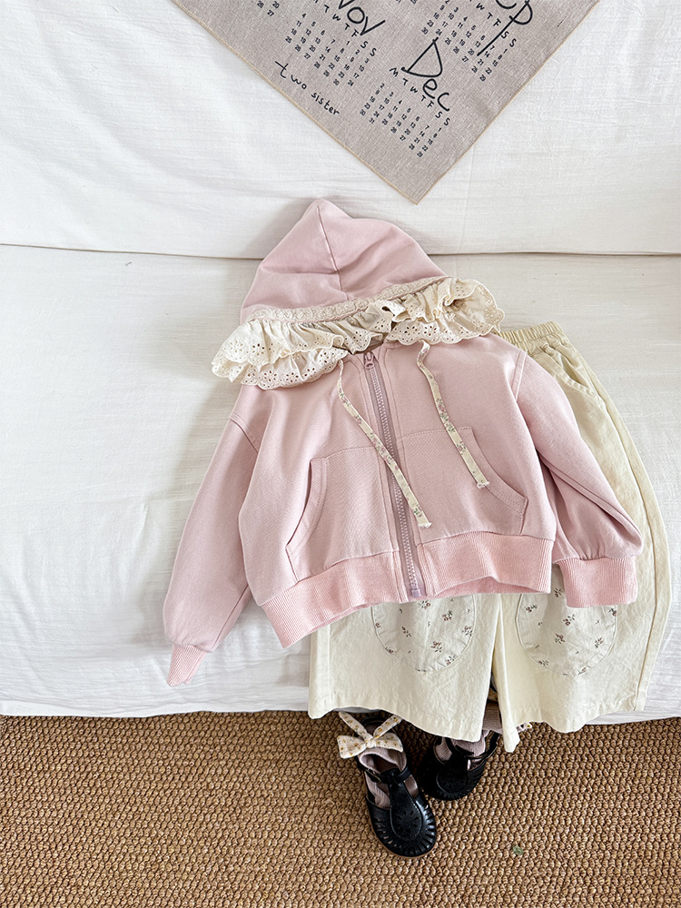 Picture of Girls Korean Style Outwear 2025 New Kidsren's Spring & Fall Pastoral Cute Versatile Hooded Lace Knitted Sweatshirt