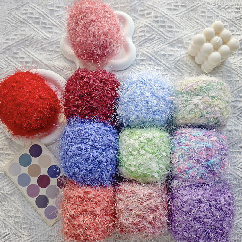 Shiny Silk Feather Yarn Popcorn Ball Yarn Glitter Hand Mixed Yarn Handmade Crochet Hair Tie Doll Yarn Ball
