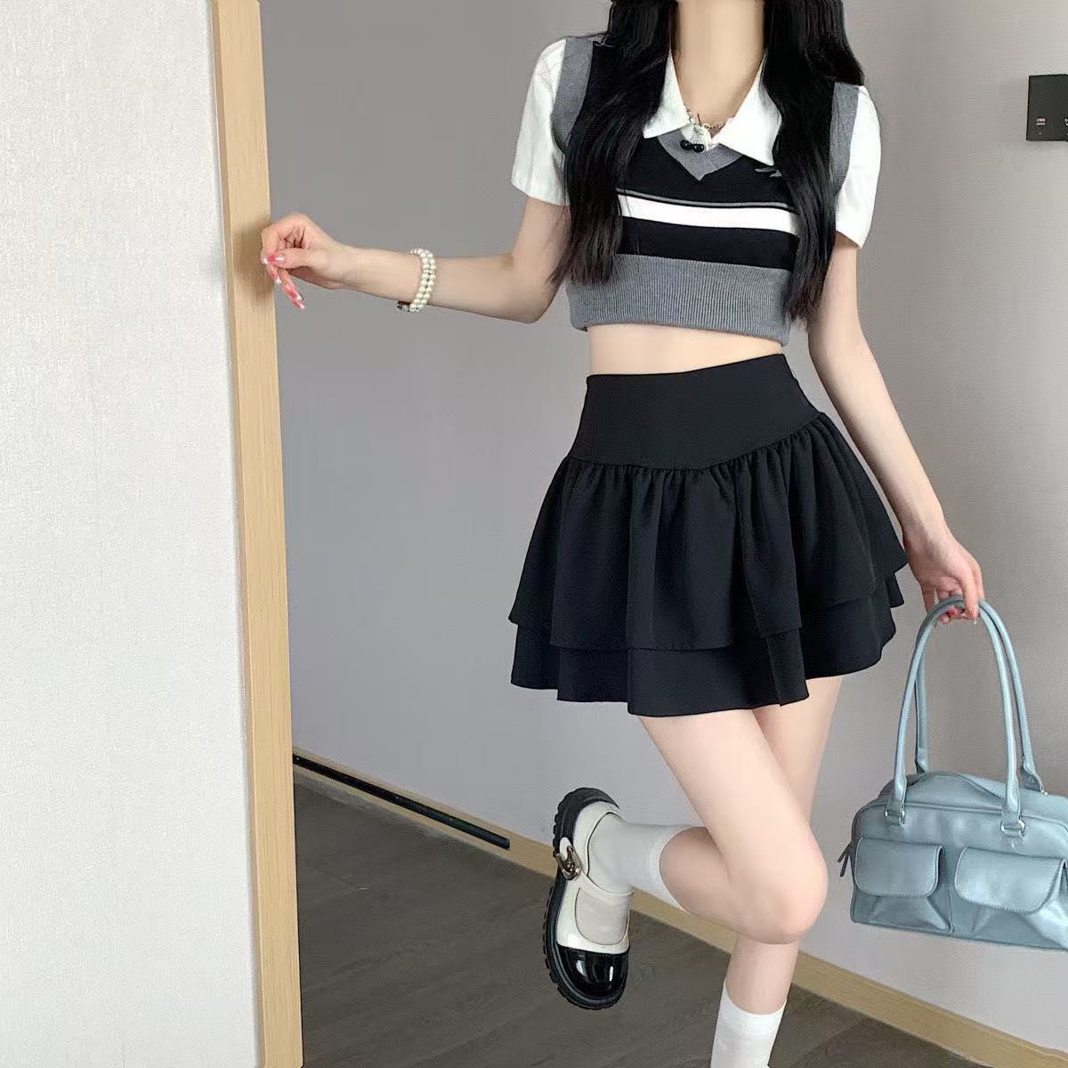 Spice Girls Black A- Line Skirt High Waist Slim-fit Cake Skirt Anti-glare Short Skirt Elegant Tutu Skirt Niche Skirt