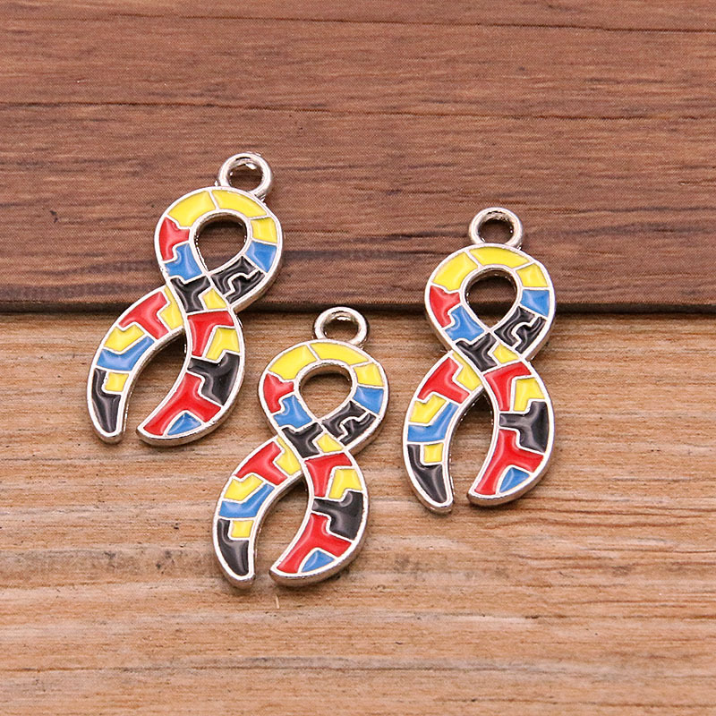 Picture of 8 Styles, 2 Colors DIY Alloy Jewelry Contrasting Color Puzzle Autism Pendant Round Heart Puzzle Asymmetrical Pendant