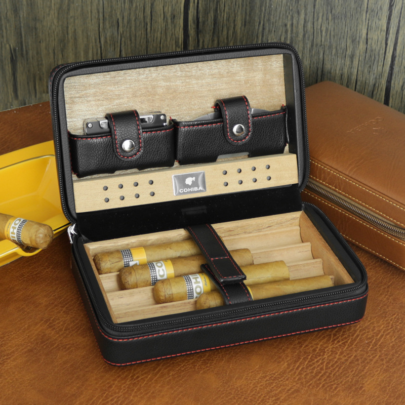 Spot Carry-on Cigar Box Cedar Wood Cigar Moisturizer Box Travel Leather Case Portable Leather Cigar Humidifier Case