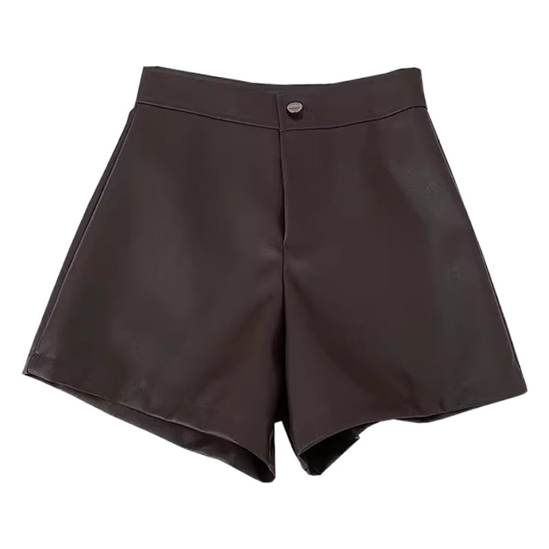 Black Pu Leather Shorts for Women 2023 Autumn and Winter New High-Waist Slim Wide-Leg Pants Fashionable Korean Style Casual A-Line Pants
