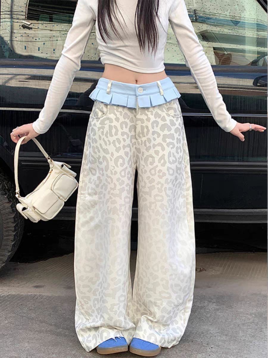 American Style Design Retro Small Skirt Stitching Casual Leopard Print Pants Women's Summer Loose All-match Straight Wide-leg Pants