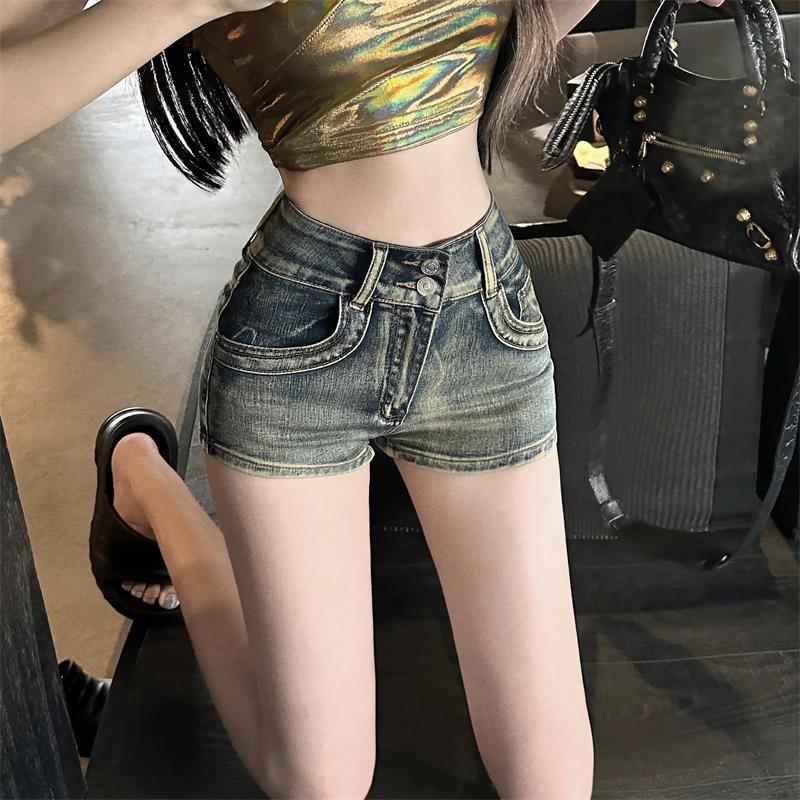Denim Shorts Women's Summer Hot Girl Design Sense American Retro High Waist Slimming Tight Shorts Old Hot Pants