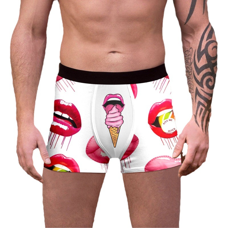 Cross-border Sexy Red Lip Love Men's Mid-waist Underwear Novelty Funny Breathable 3D Printed Men's Boxer Boxer Shores