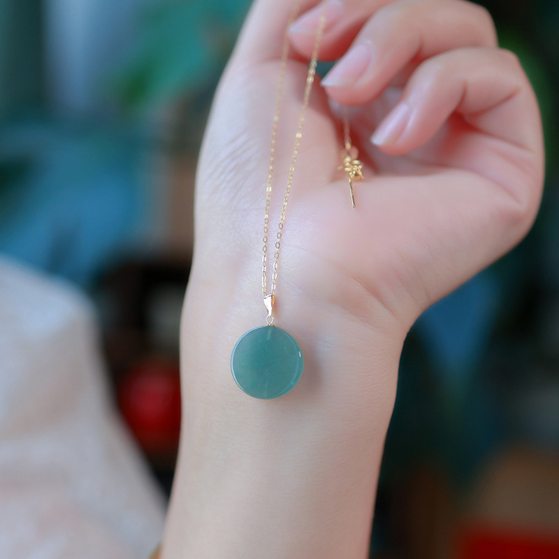 Natural A cargo blue water round brand jade pendant 18k gold buckle inlaid ice through Chinese style necklace live wholesale