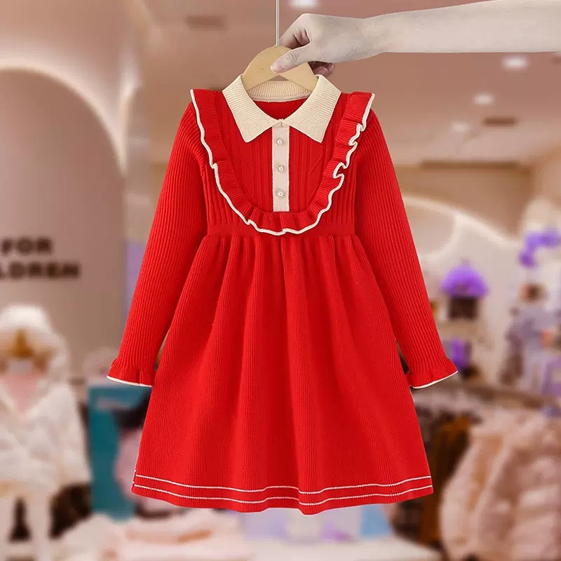 Girls' Winter dress Western-style New Year Red Princess Dress Autumn and Winter New Year Children's Knitted Sweater Skirt