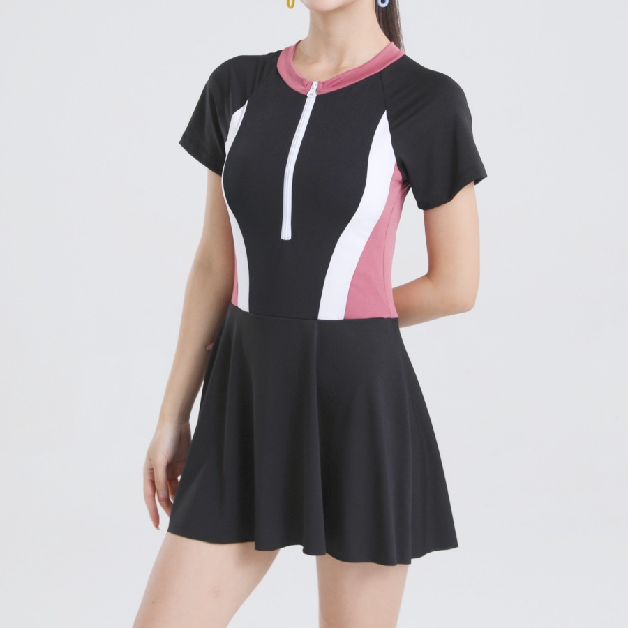 New Swimsuit Women's Sports one-piece Skirt Style Flat Angle Conservative Slim Belly Covering Short Sleeve Hot Spring Swimsuit for Students