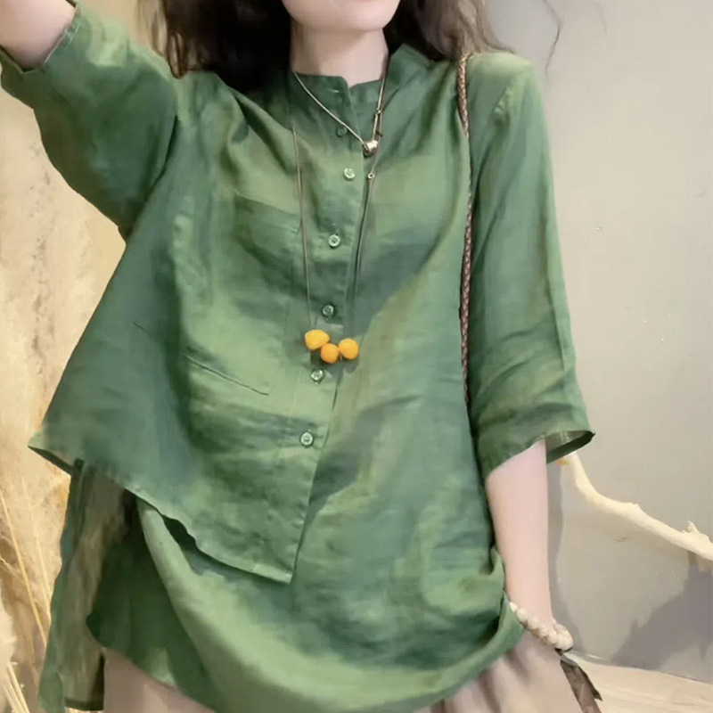 Picture of Cotton and Linen Shirt Women's 2024 Spring and Summer New Retro Design Sense Niche Seven-point Sleeve Loose Belly Covering Thin Top