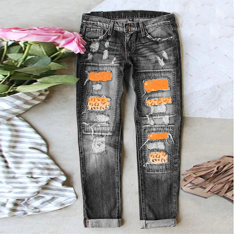 Love Leopard Print Jeans Women's 2022 Amazon Autumn and Winter New Valentine's Day Series Printed Straight Pants