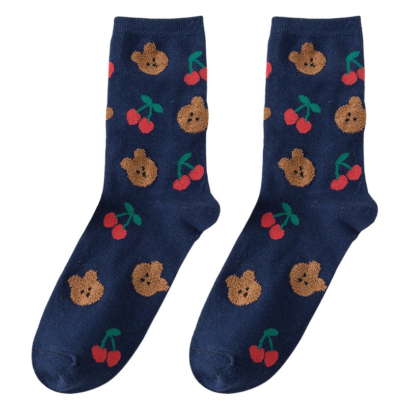 Cute Cartoon Socks Children's Mid-length Socks Ins Trendy Spring and Summer Korean Style Internet Trendy Small Animal Fruit Flocking Student Stockings