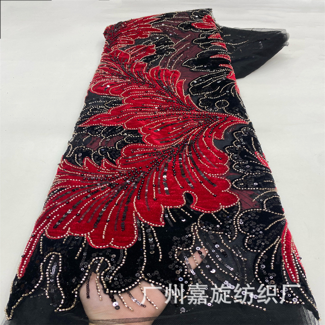 Cross-border autumn/winter high-end gold velvet two-tone large floral sequin bead tube lace wedding dress performance dress qipao fabric