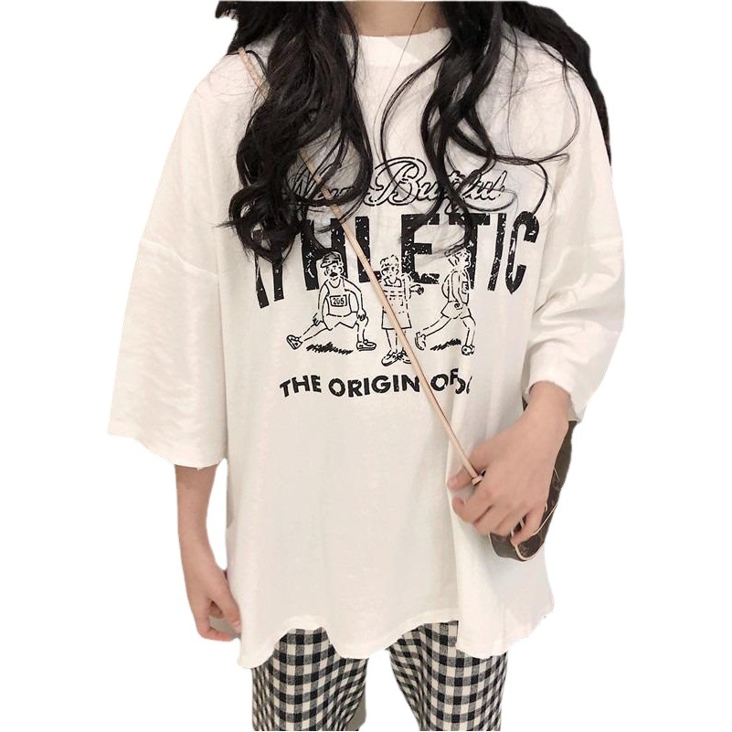 2025 New Summer Style Harajuku Bf Student Loose and Versatile Cartoon Print Three-Quarter Sleeve Turtleneck Bottoming Shirt T-Shirt for Women