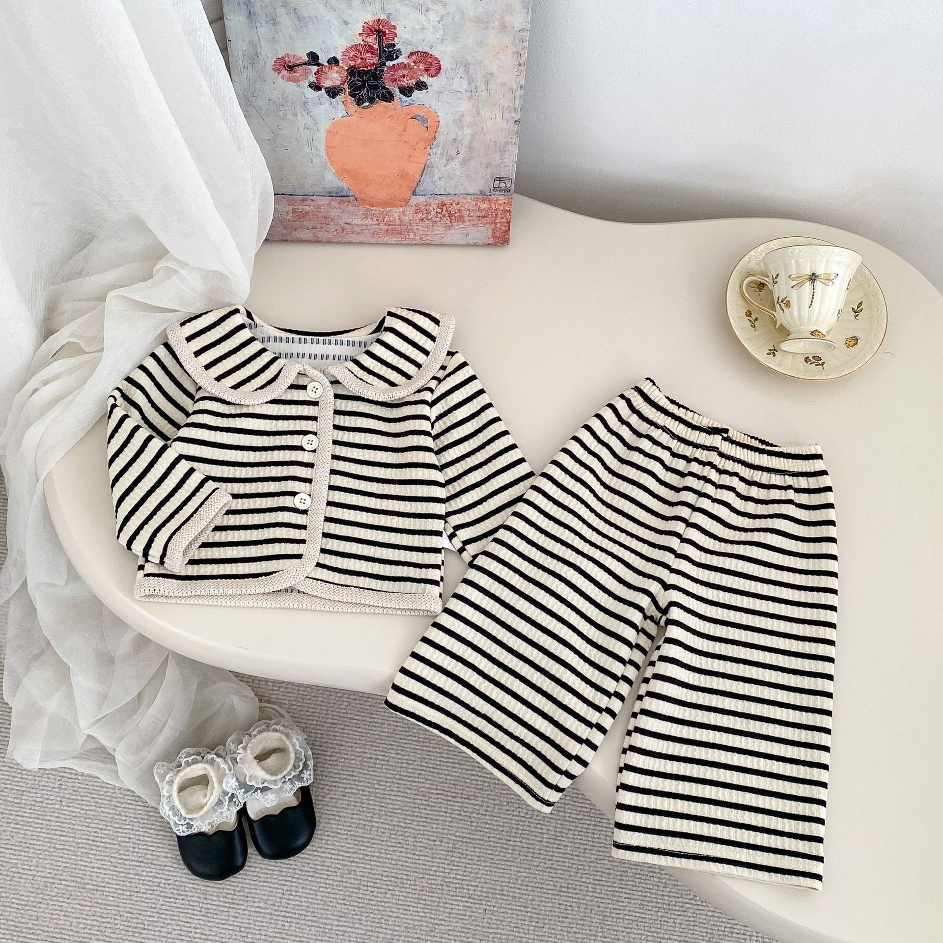 Spring New Baby Girl Casual Striped suit Round Neck Cardigan Jacket Wide Leg Pants Simple Two-piece Set