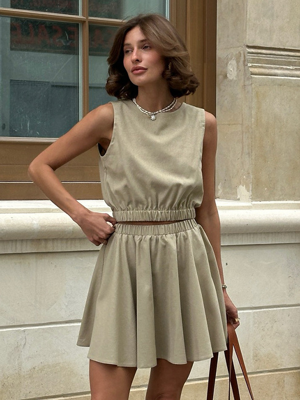 Cross-Border Round Neck Vest Pleated Skirt Suit European and American 2025 Spring and Summer New Cotton and Linen Comfortable Short Skirt Casual Suit for Women