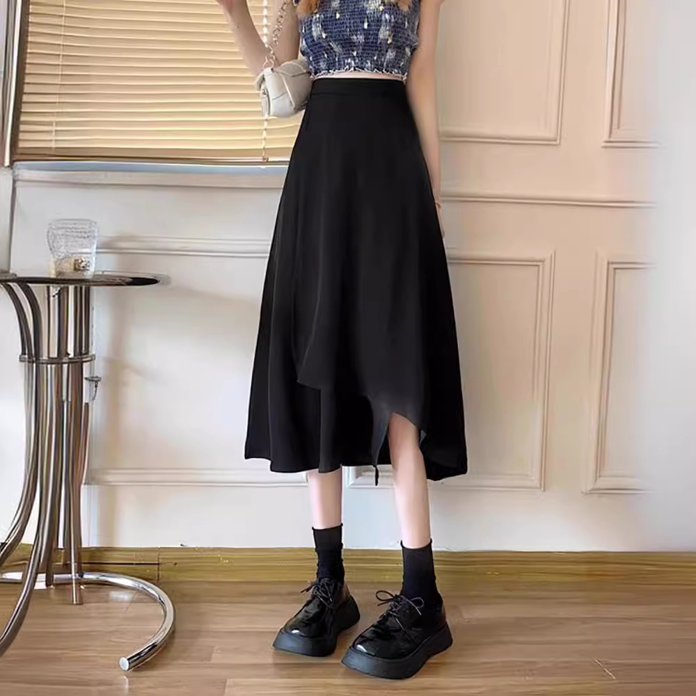 Black Irregular Skirt Women's Spring and Summer High Waist A- shaped Mid-length 2024 New Umbrella Skirt All-match Skirt