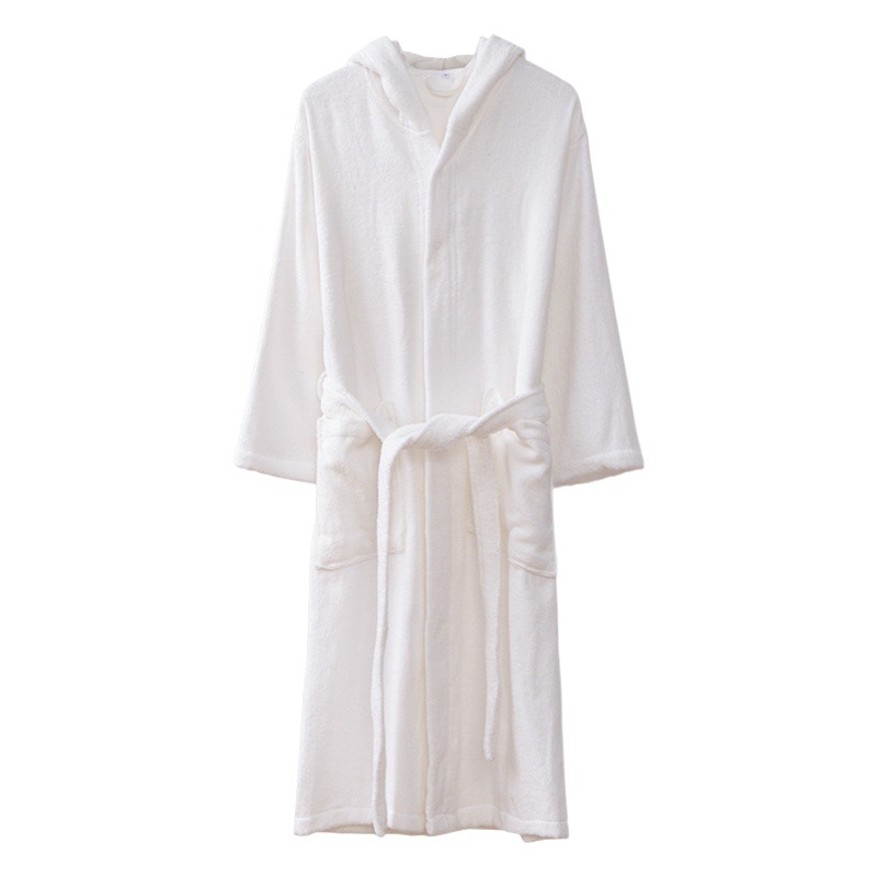 Four Seasons Cotton Hooded Thickened Bathrobe Bathrobe Without Side Seam One-piece Towel Material Nightgown for Couple Warm Absorbent
