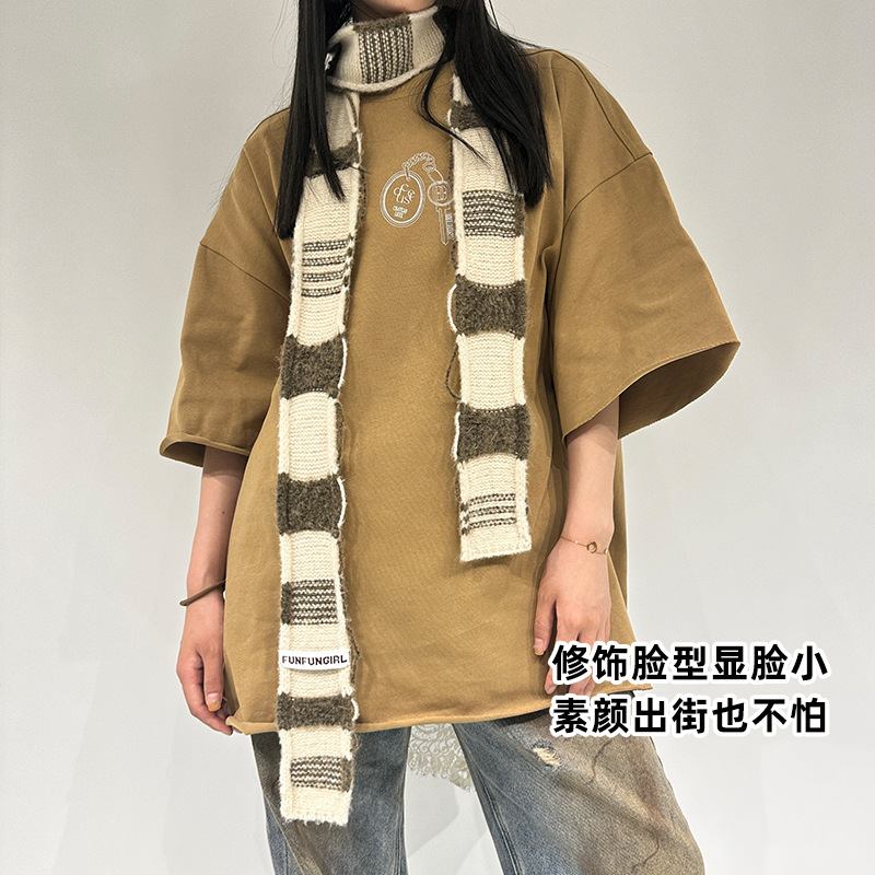 2025 Autumn and Winter Scarf Korean Atmosphere Thin Horizontal Strip Double-Sided Knitted Dachshund Scarf Easiest for Match Retro Trendy Hot Girl