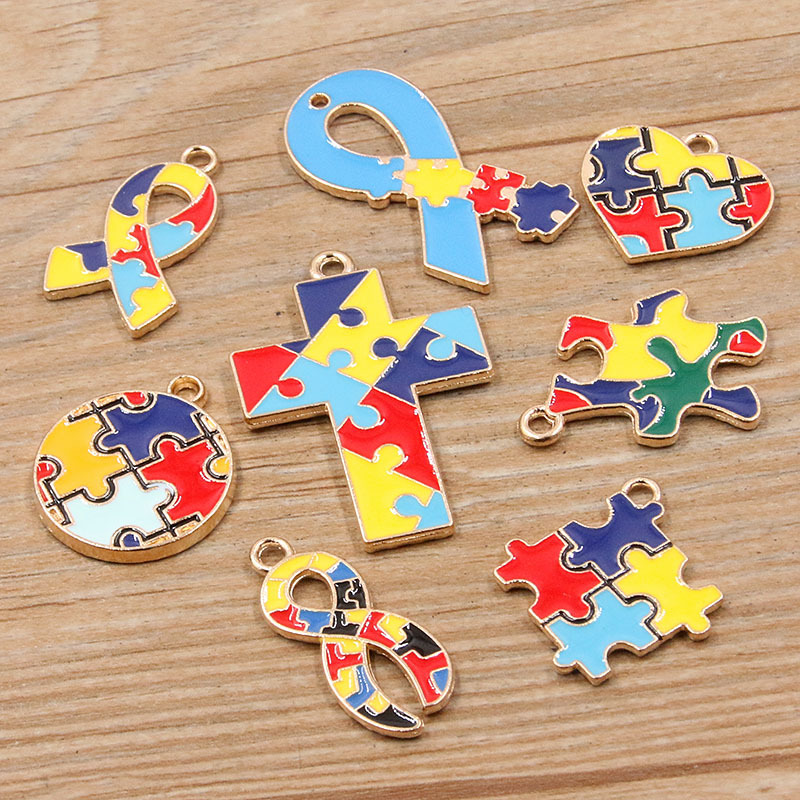 Picture of 8 Styles, 2 Colors DIY Alloy Jewelry Contrasting Color Puzzle Autism Pendant Round Heart Puzzle Asymmetrical Pendant