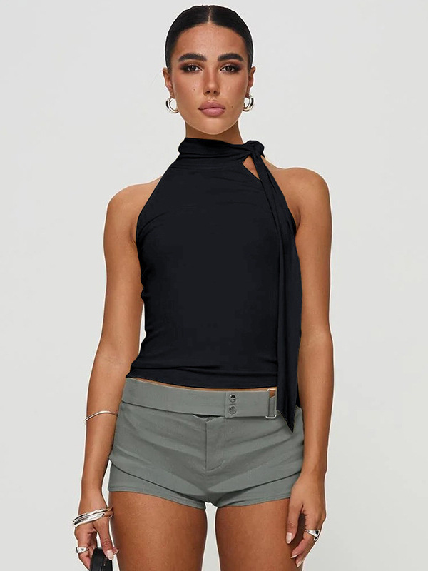 Cross-border European and American style solid color collage stitching fashion temperament stand collar strap sleeveless waist slim all-match small vest
