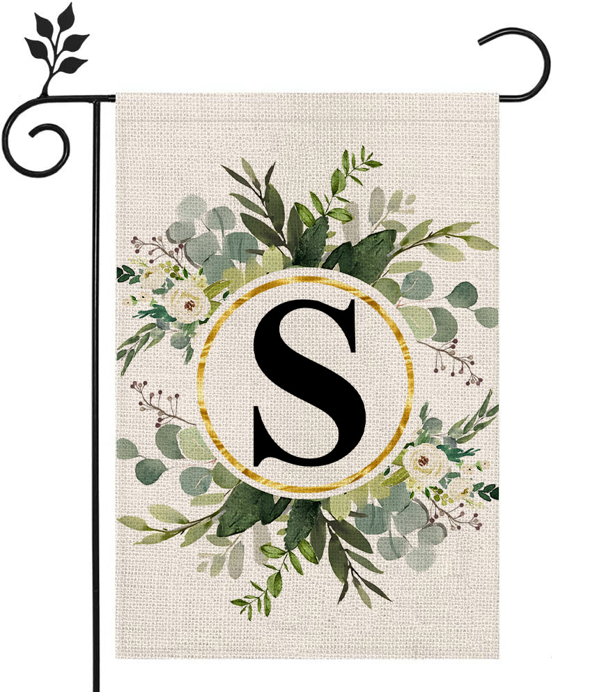 Picture of Simple ins style 26 letters + green plant printed linen garden flag surname initials courtyard door flag