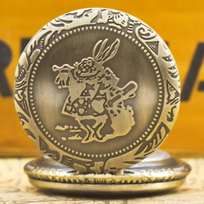Alice Rabbit Pocket Watch Nostalgic Bronze Thin Chain Retro Necklace Watch Creative Flip Pointer Quartz Watch