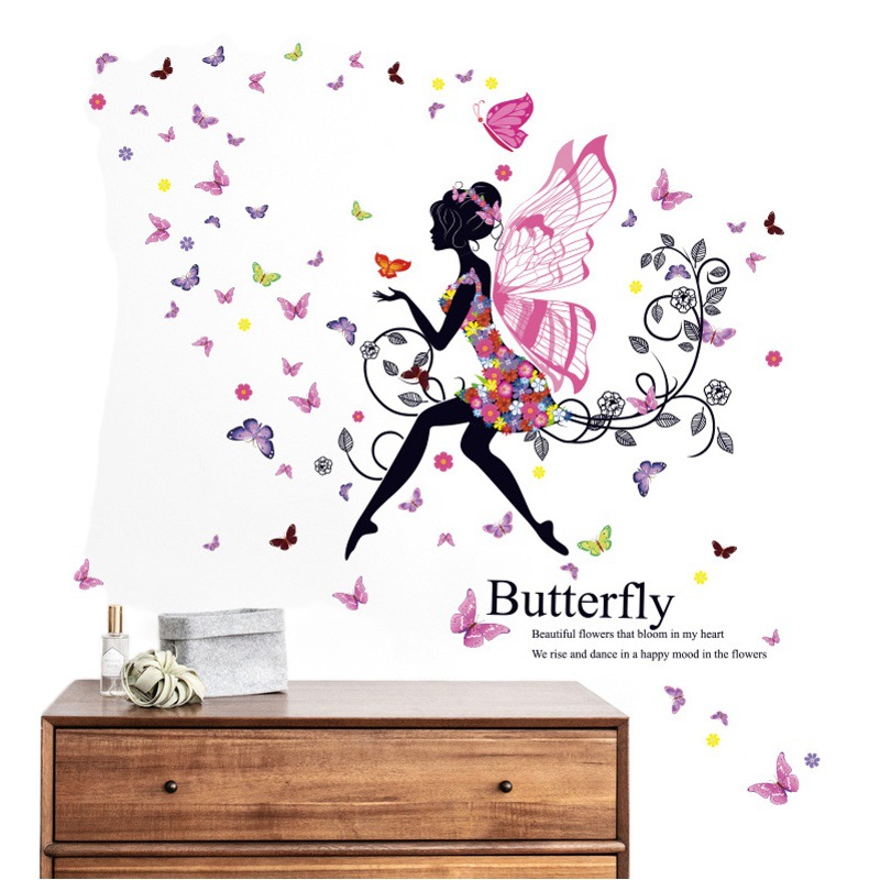 Flower Fairy Decorative Back Shadow Sticker Girl Elf Butterfly English Bedroom Sticker Waterproof Wall Sticker NC2-87