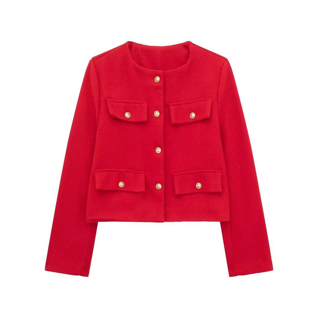 Picture of Foreign Trade Wholesale Autum New European and American Style Flip-Up Round Neck Short Jacket 3046278