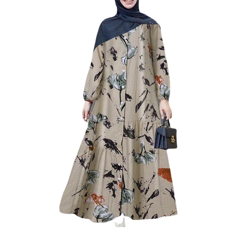 Muslim Clothing Plus Size Women's Cross-Border Cotton and Linen Long-Sleeved Fashionable Loose Casual Floral Long Dress for Women