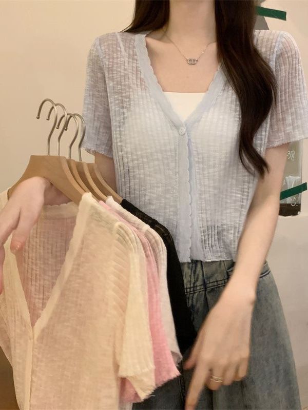 V Neck Short Knitted Cardigan for Women in Summer, Thin, Slightly See-Through, Slim Fit, Sun Protection, Cool Short-Sleeved Top for Women