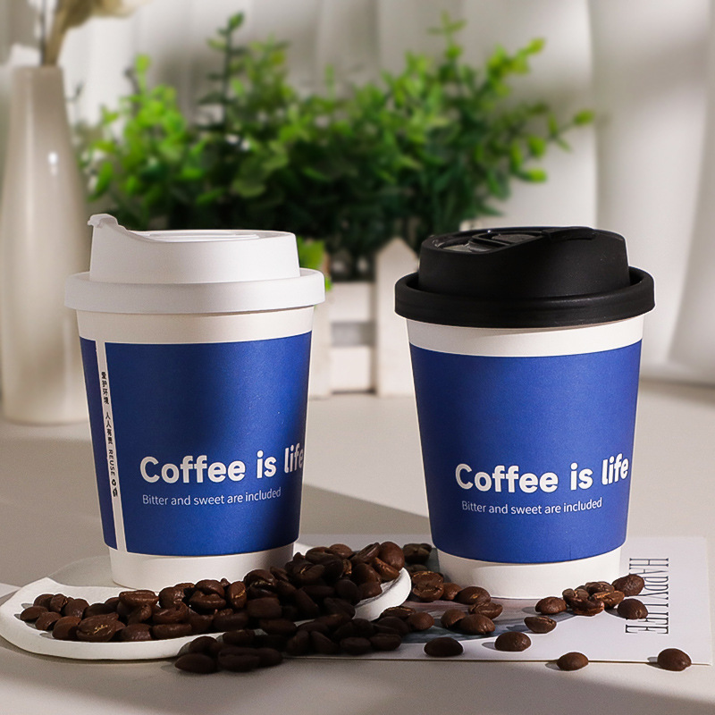 Disposable coffee cup customized blue soy milk tea cup thickened wholesale outdoor hot drink double-layer paper cup with lid