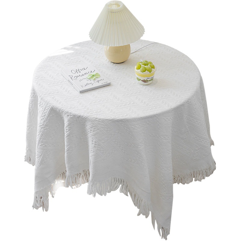 Japanese and Korean Small Round Table Cotton and Linen Tablecloth Outdoor Birthday Coffee Table Cloth B&B Tassel Tablecloth Decoration Home Table Mat Camping Style