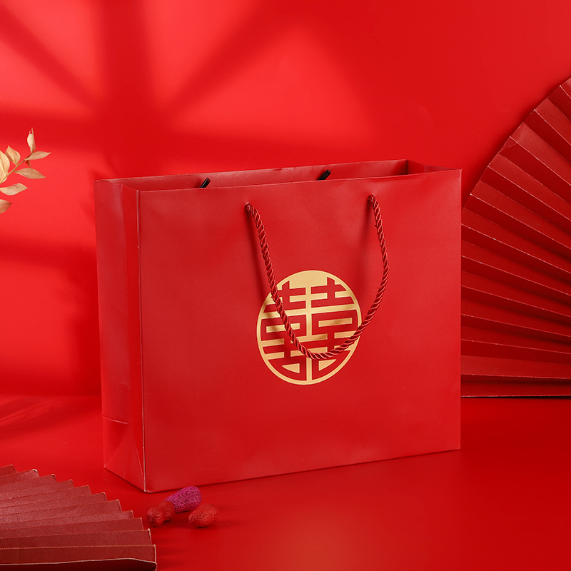 Chinese Style Gift Bag Festive Wedding Accompanying Gift Bag Red Gift Bag Happy Word Packaging Bag Paper Bag Candy Bag
