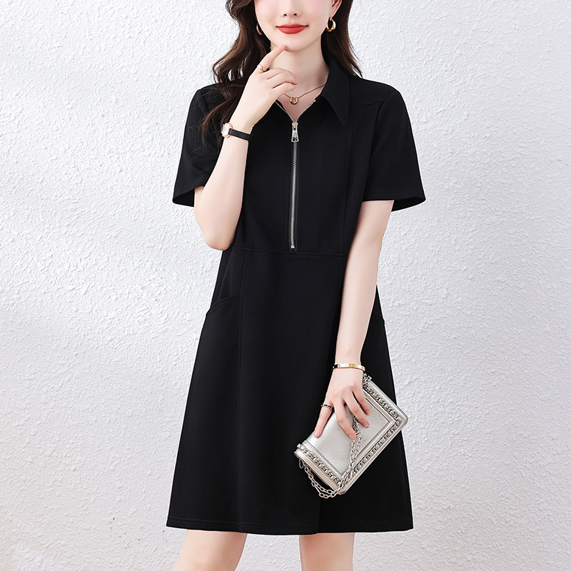 Picture of Simple Casual Lapel Black dress 2025 Summer New Style Zipper Fashionable Elegant Slim plus size A- line Skirt
