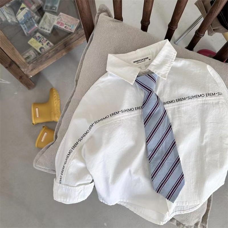 (New) Tie Letter Shirt Boys and Girls Letter Tie Long Sleeve Baby Academy Style Simple Children's White Shirt