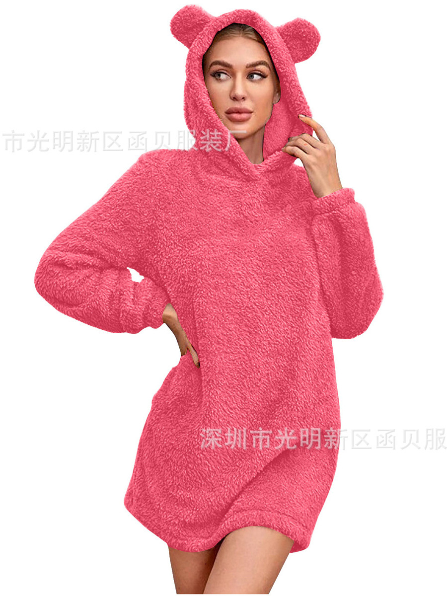 Picture of European and American Cross-border Amazon 2024 Autumn and Winter New Ear Hooded Loose Plush Long Sleeve Women's Wei Skirt Coat