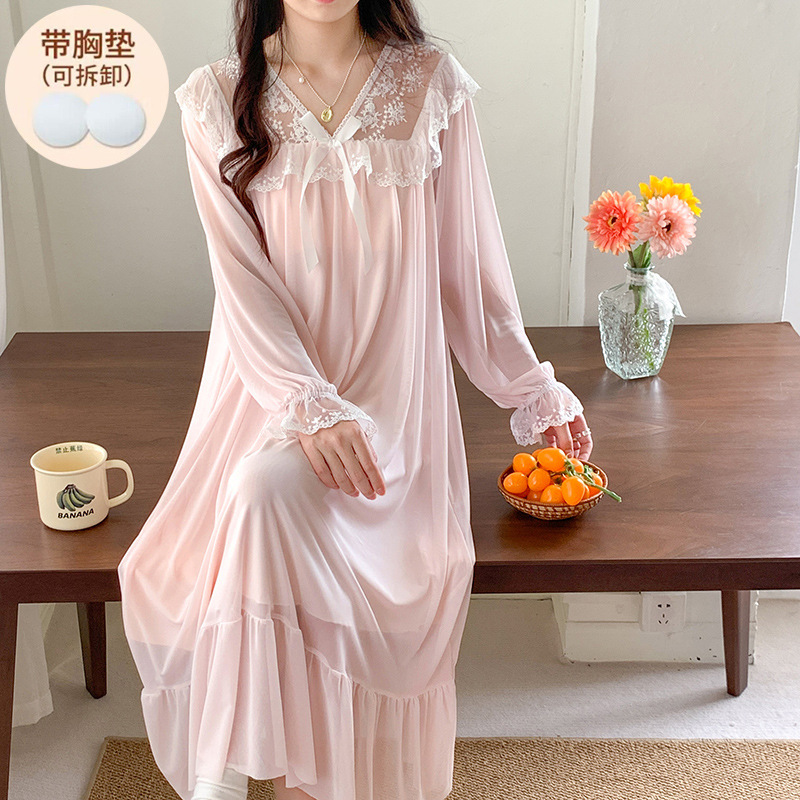 Picture of Spring and Autumn Nightgown Women's French Style Lace Long-Sleeved Vintage Palace Style Loose plus size Pajamas Mid-Length Home Clothes