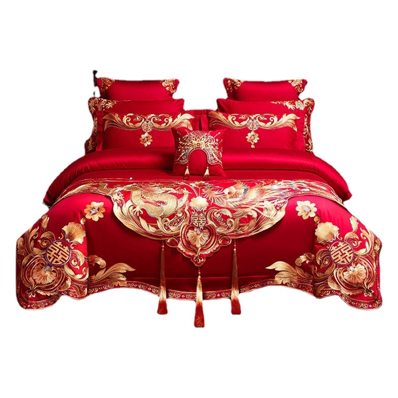 High-End Luxury 140S Long-Staple Cotton Wedding Embroidery Four-Piece Set, Red Pure Cotton Double-Thread Embroidery Style for Wedding Dowry