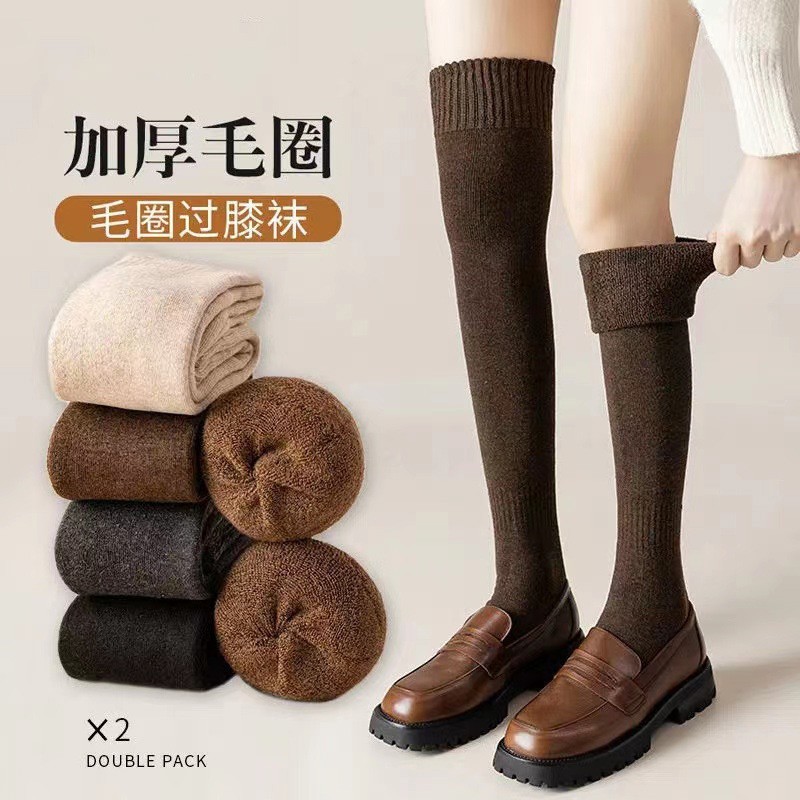Socks women's autumn and winter stockings solid color Joker Terry thick plus velvet warm slim jk knee calf socks wholesale