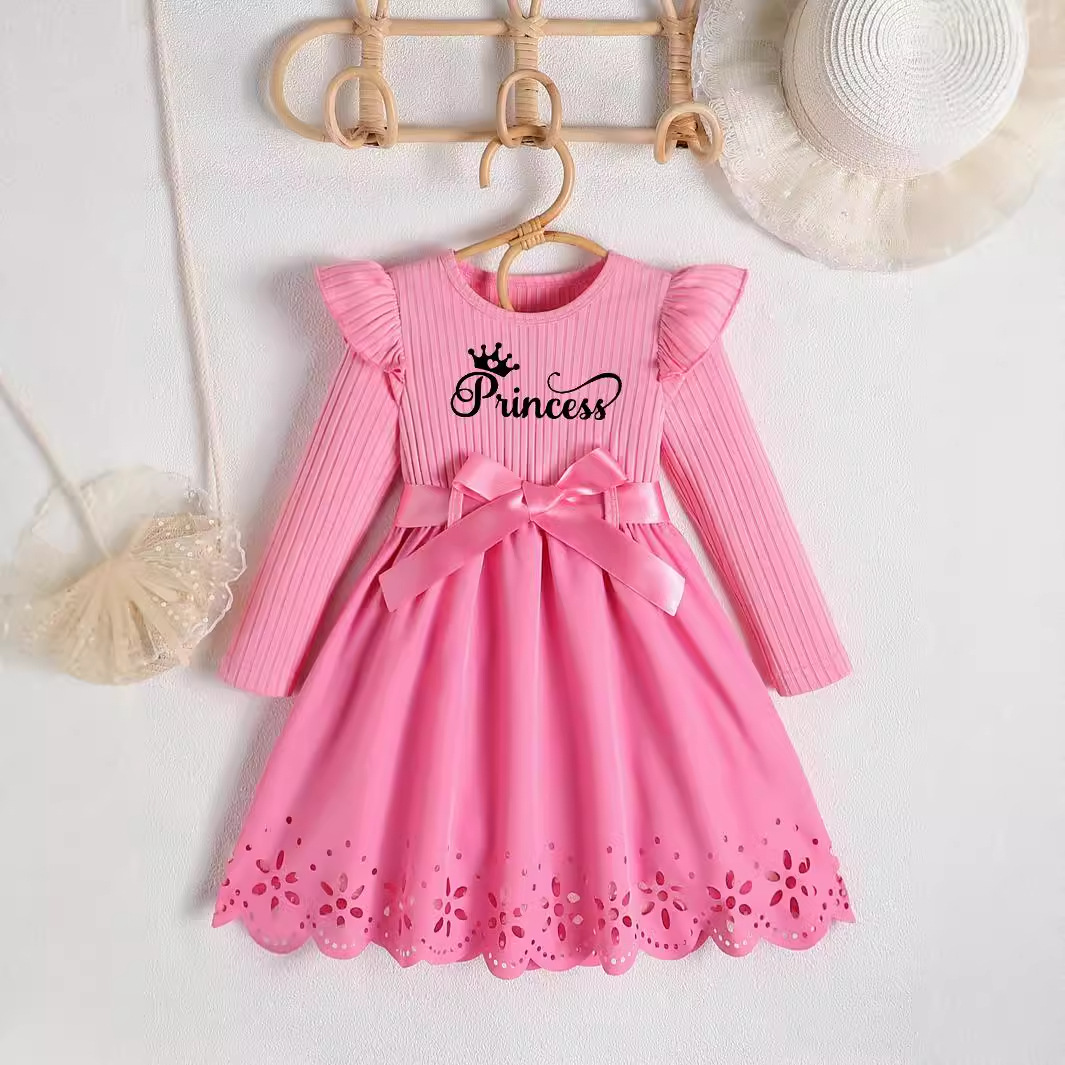 Autumn new girls princess letter printed bow belt round neck long sleeve hollow dress