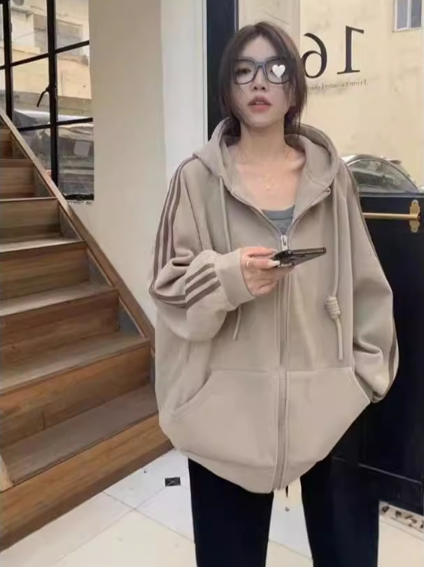 Picture of American Style Retro Autumn and Winter New Loose plus size Long-sleeved Cardigan Top fleece-lined Thickened Hooded Sweater Jacket Women's Trendy