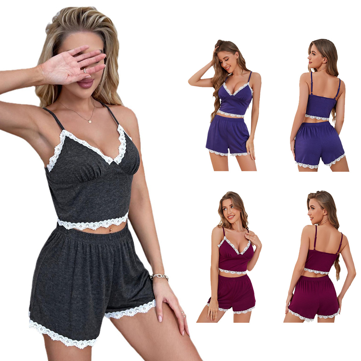 Cross-Border Amazon European and American Pajamas for Women Summer V Neck Suspenders Lace Sexy Home Clothes Set Export Pijama
