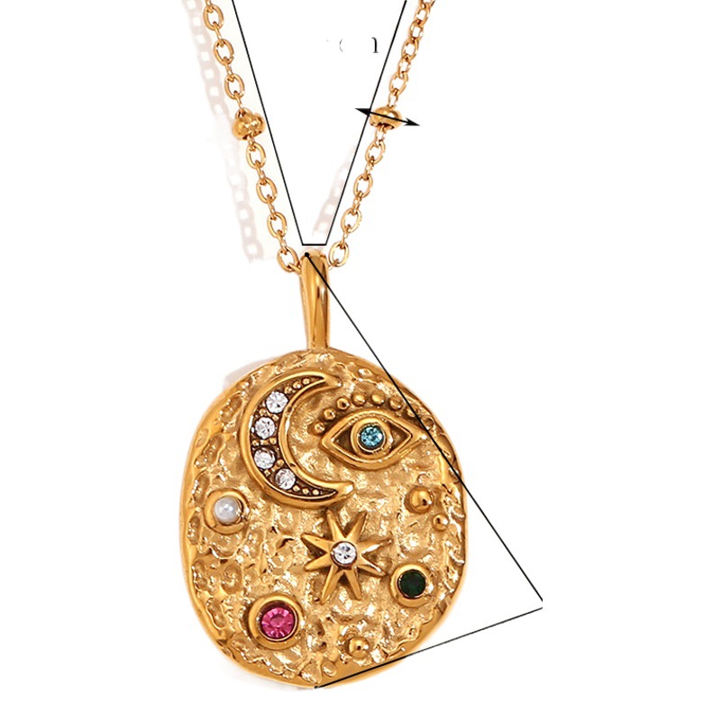 Europe and the United States cross-border colored diamond eyes star and moon beat pattern round pendant necklace stainless steel gold-plated earrings ring jewelry