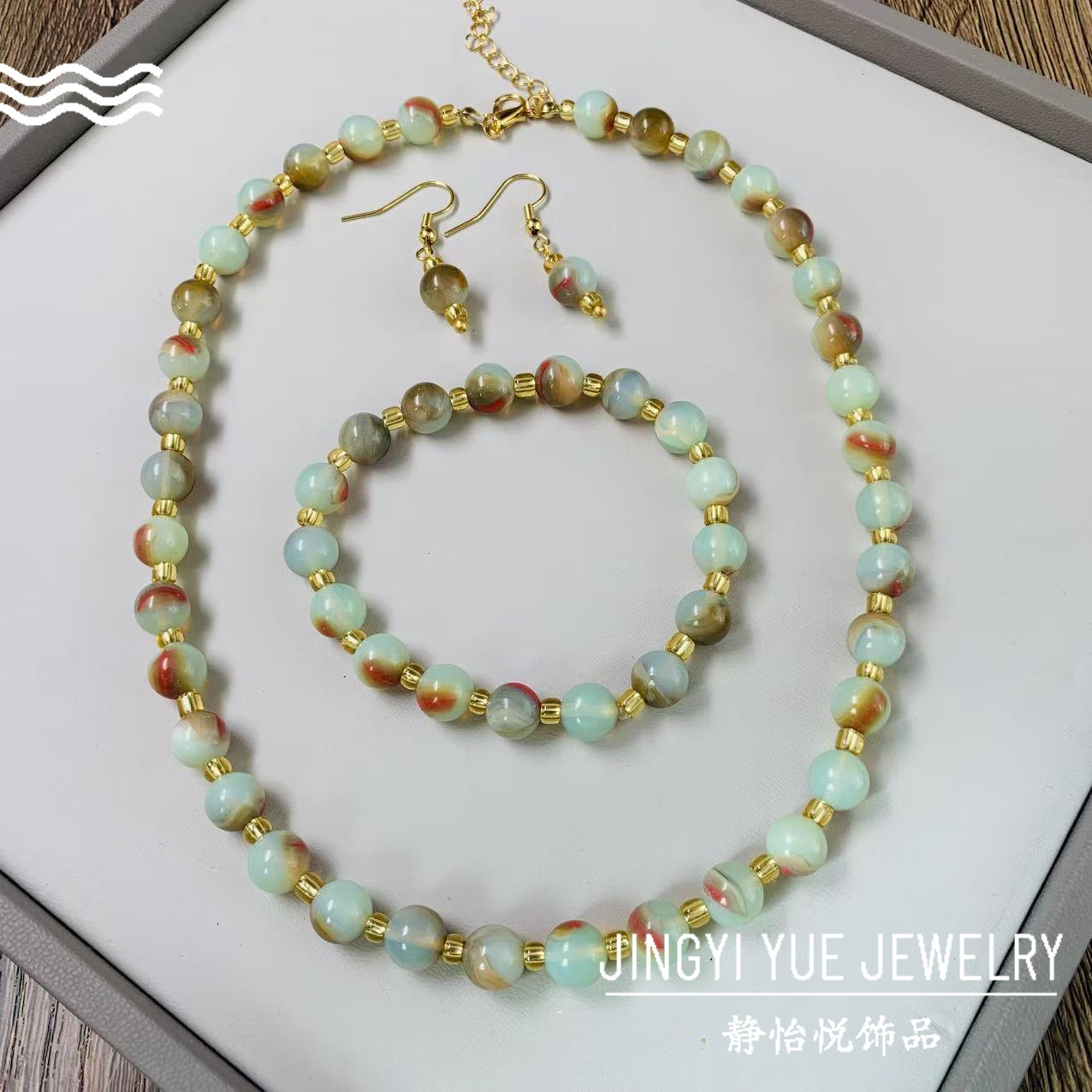 New Chinese Semi-precious Stone Beaded Necklace Bracelet Earrings suit Court Style Retro Bracelet Ear Hook Women