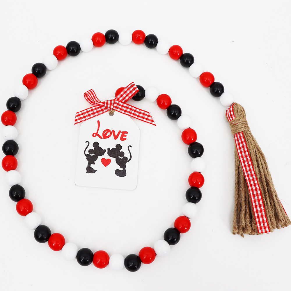 Picture of Valentine's day wooden bead hemp rope tassel beaded romantic ornament Love white wood bead string home decoration pendant