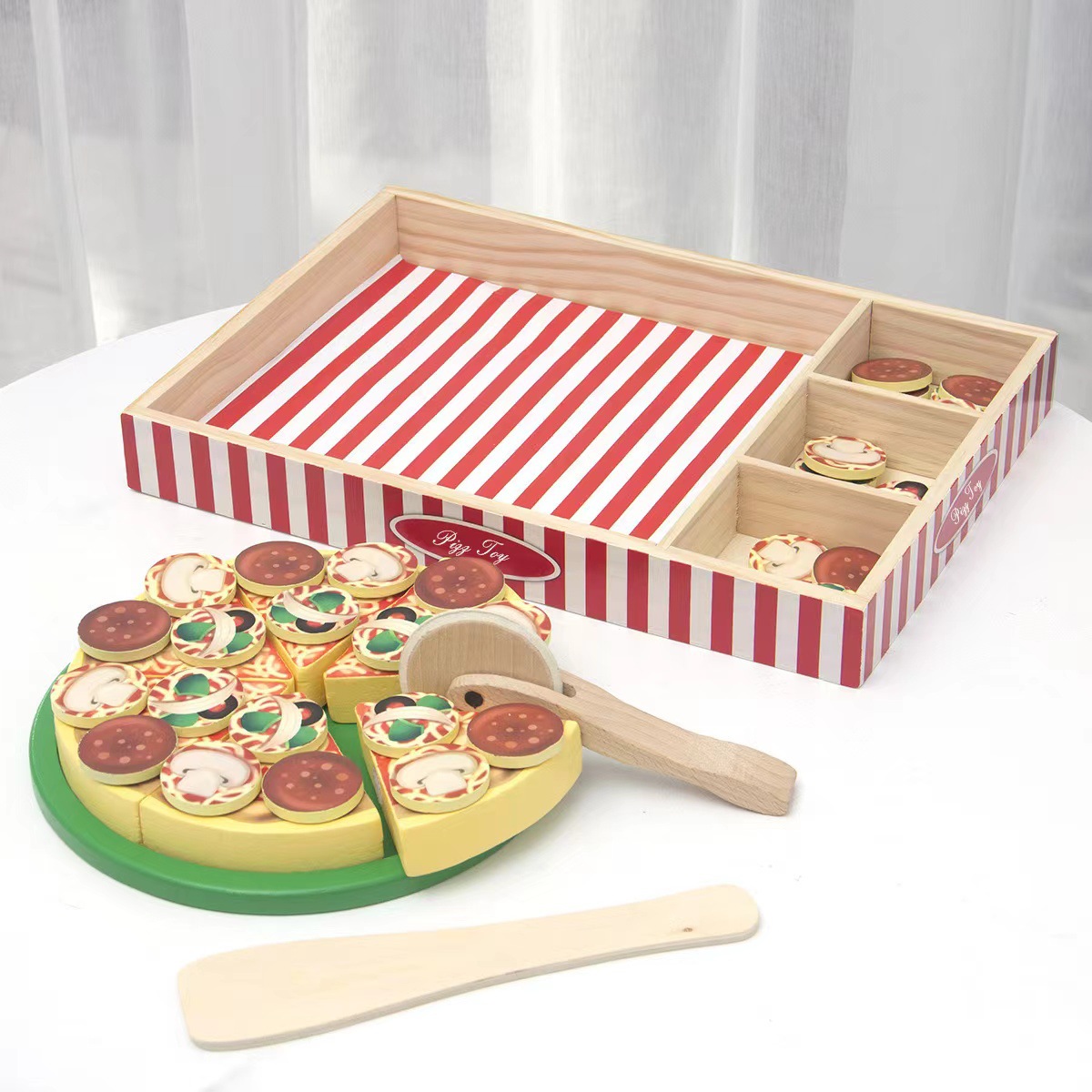 Picture of Wooden Pizza Simulation Children's Play Boys and Girls Cake Dessert Cut and Cut Fruit and Vegetable Cognitive Wooden Toys