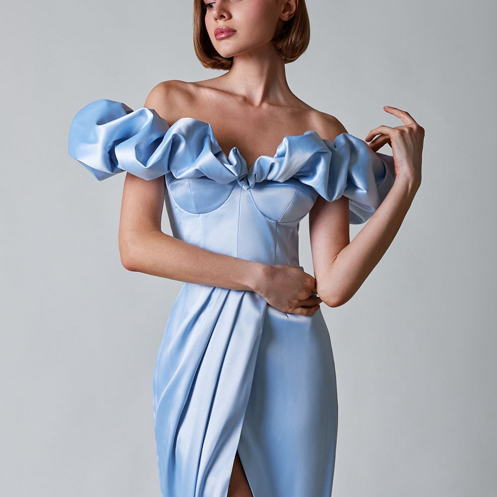 European and American cross-border popular women's high slit commuter dinner dress off-shoulder dress tube top ruffled dress