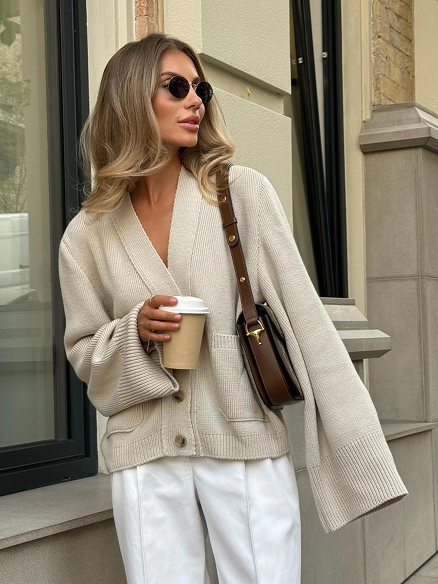 Cross-border loose knit cardigan sweater, European and American 2025 autumn/winter V-neck knit cardigan, lazy style loose sweater for women