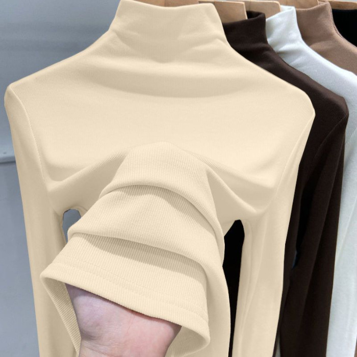 Picture of 180g Threaded Semi-high Collar Base Shirt Women's New Spring Autumn and Winter Fashion Long Sleeve T-shirt Slim Fit Velvet Inner Top