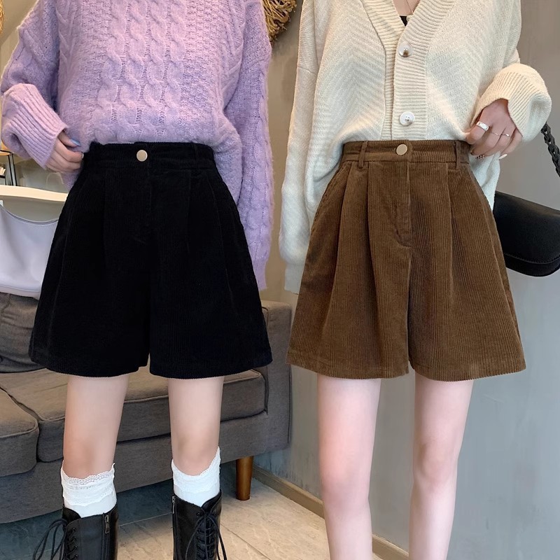 2023 Spring and Autumn Wide Leg Corduroy Shorts Women's High Waist Loose Slimming Design Sense Niche Casual Pants